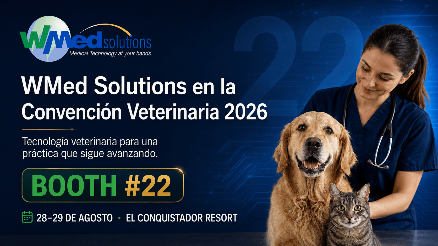 Arte de WMed Solutions para la Convención Veterinaria de Puerto Rico 2026, booth #22, con una veterinaria, perro y gato.