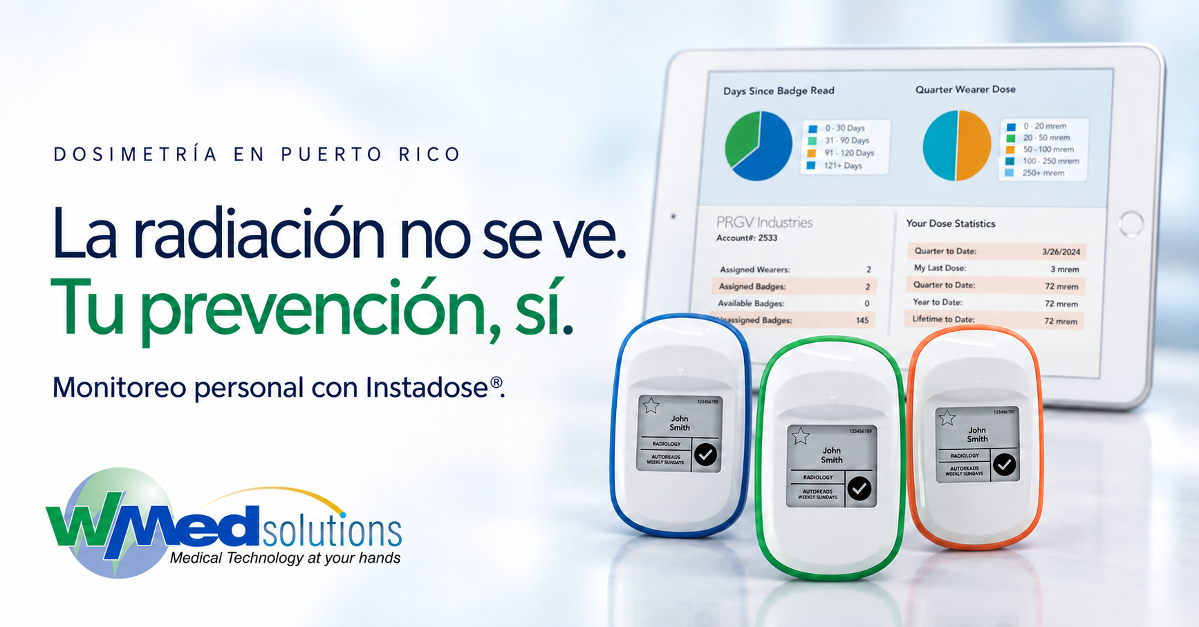 Dosímetros Instadose junto a una pantalla de gestión de dosis y el logo de WMedSolutions